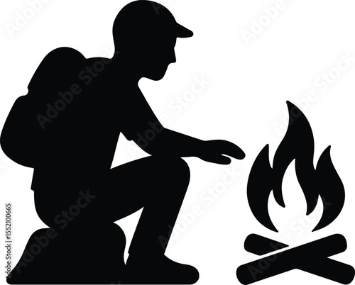 Silhouette hiker warming up by campfire vector illustration