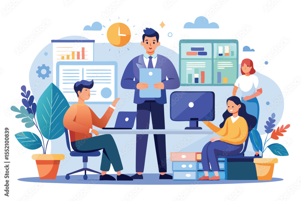Business team collaborating in a modern office with presentations and technology, showcasing teamwork and productivity Business team collaborating in a modern office with presentations and technology, showcasing teamwork and productivity