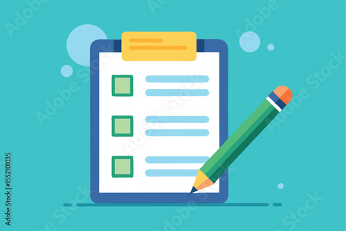 Questionnaire concept featuring checklist items and a pencil for completing answers during an assessment or survey activity in a digital format