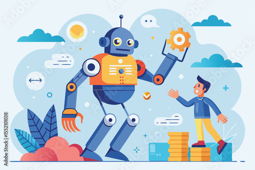 Large hand assists robot in overcoming obstacles while a person interacts, showcasing collaborative innovation and problem-solving in a futuristic setting