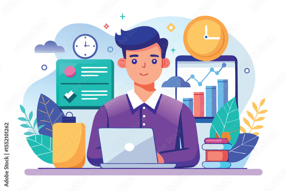 Vector illustration portraying an individual engaged in full-time remote work at a modern home office with digital tools and relaxing greenery around Vector illustration portraying an individual engaged in full-time remote work at a modern home office with digital tools and relaxing greenery around