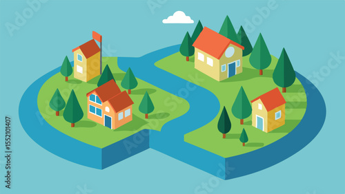 Isometric illustration of a cozy village with houses trees and winding river