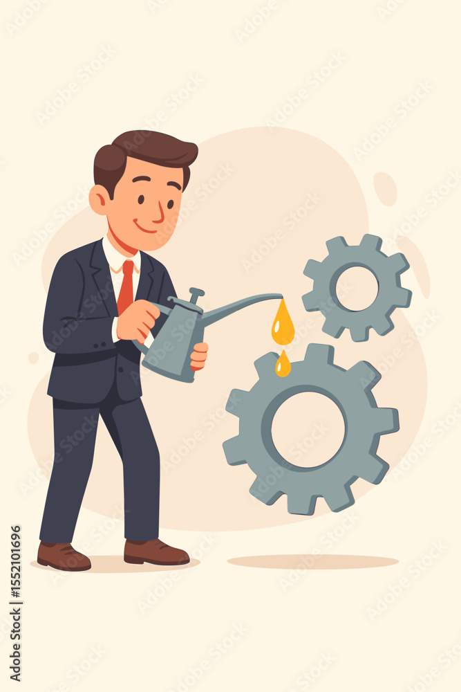 Businessman lubricating gears. Metaphor for smooth business operations, process optimization, and workflow efficiency. Corporate maintenance and improvement vector concept cartoon. Businessman lubricating gears. Metaphor for smooth business operations, process optimization, and workflow efficiency. Corporate maintenance and improvement vector concept cartoon.