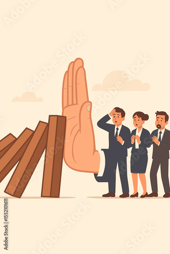Business crisis prevention concept. Giant hand stopping domino effect to protect worried business people. Risk management, intervention, and solution metaphor vector illustration.