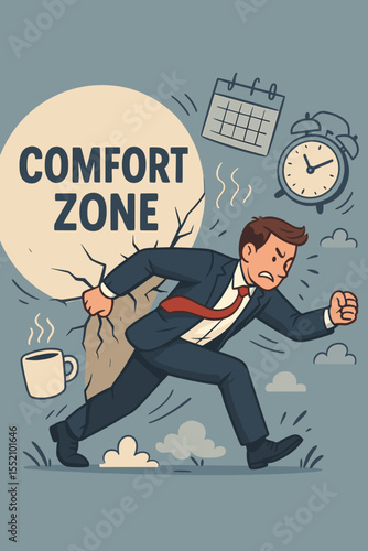 Breaking free from the comfort zone concept. Businessman struggling to overcome habits and routines. Personal growth, motivation and career development metaphor vector illustration.