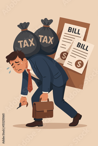 Businessman burdened by heavy taxes and bills. Financial crisis concept. Stressed man struggling with debt, payments, and expenses. Metaphor for economic problems and bankruptcy.