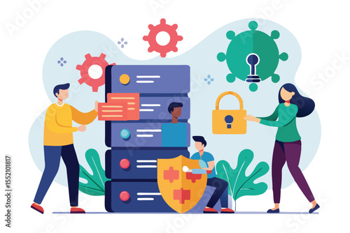 Three individuals collaborating on a puzzle-like design representing data security and teamwork in a modern workspace setting