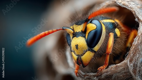 Close-up of a vibrant wasp emerging from its nest in a natural setting showcasing intricate details and colors on a sunny day