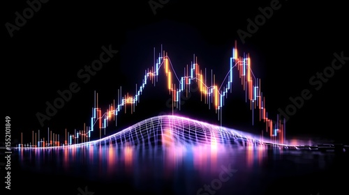 Neon stock market graph, digital landscape, trading data, night background, financial analysis