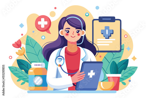 Woman uses tablet to call for medical assistance while sitting at a desk surrounded by health-related items in a colorful, modern setting