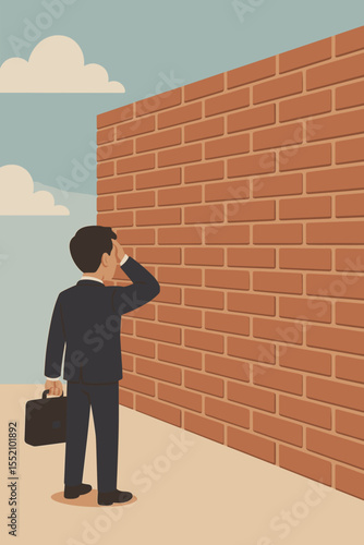 Businessman facing brick wall obstacle, a business metaphor for challenge and problems. Career limitation, barrier, or dead end concept. Man looking for solution. Vector illustration.