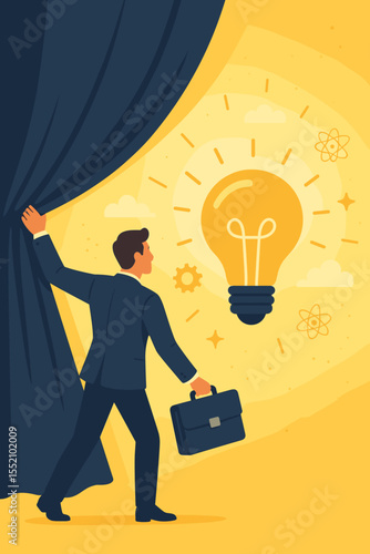 Businessman opening curtain to reveal a big light bulb idea. Business concept of creativity, innovation, discovery, solution, strategy, opportunity, and breakthrough. Vector.