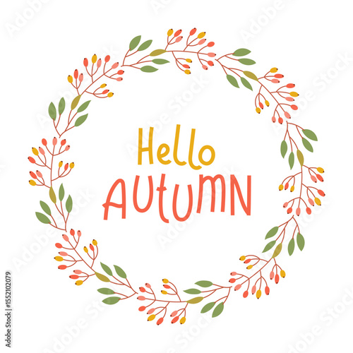 “Hello Autumn” fall leaf wreath vector – ideal for cozy seasonal themes, cards, prints, and autumn event designs.