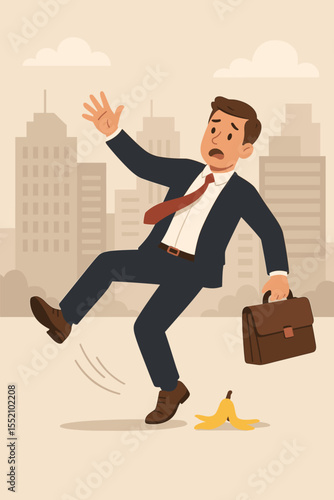 Businessman slipping on a banana peel. Business metaphor for unexpected risk, failure, setback, and danger. Concept of unforeseen obstacle, professional mistake, and career crisis. Vector cartoon.