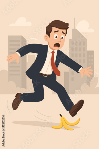 Businessman slipping on a banana peel vector illustration. Metaphor for business failure, corporate risk, unexpected challenge, danger, mistake, and accident. Setback concept.