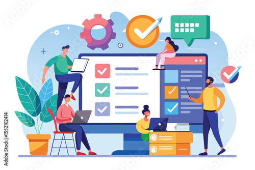 Team members collaborate on task management platform with progress indicators and digital tools in a modern office setting during the day