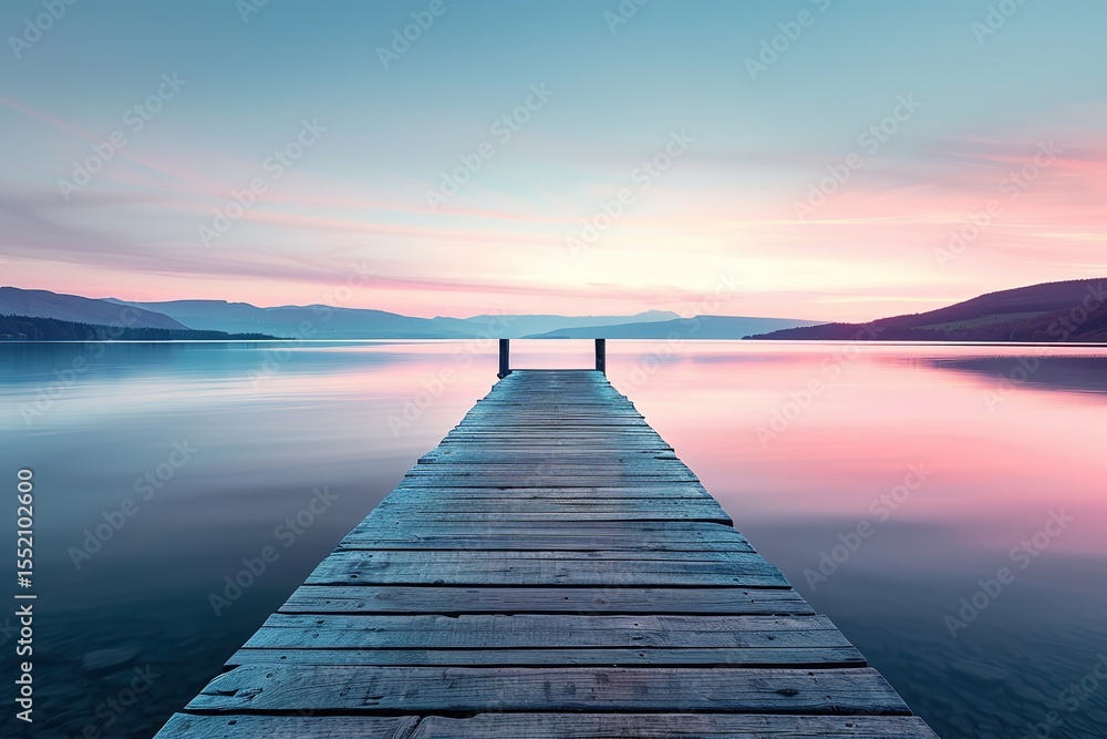 Naklejka premium A serene lake scene with a wooden pier stretching into calm waters at sunset