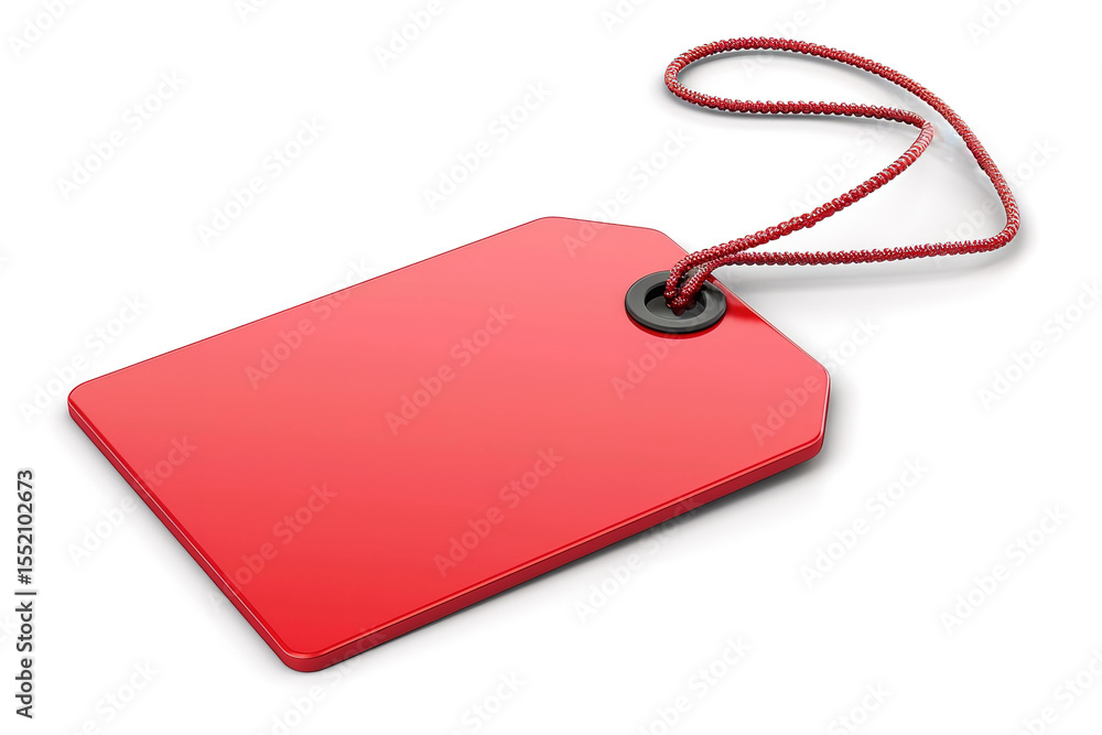 Fototapeta premium A vibrant red tag with a textured string against a stark white background