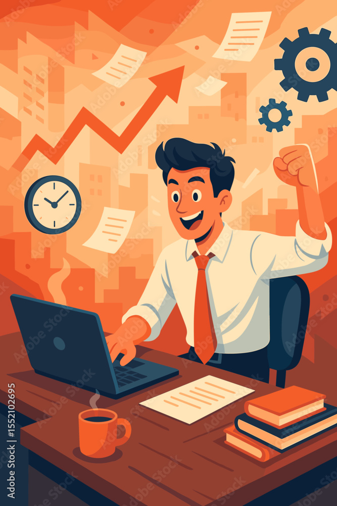 Ambitious business professional working at laptop in dynamic office, celebrating success with fist pump, rising graph, productivity, motivation, achievement, modern workplace, vector illustration Ambitious business professional working at laptop in dynamic office, celebrating success with fist pump, rising graph, productivity, motivation, achievement, modern workplace, vector illustration