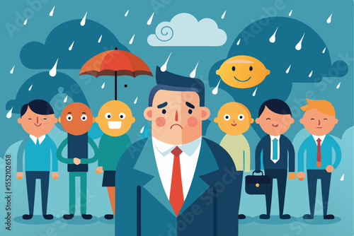 Business professionals stand in the rain with weary expressions while one person holds an umbrella in a gray, gloomy atmosphere depicting a sense of defeat and melancholy