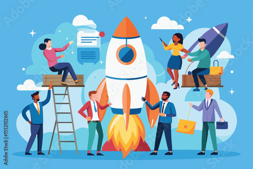 Creative brainstorming and planning activities for a business startup with team members collaborating around a rocket launch concept