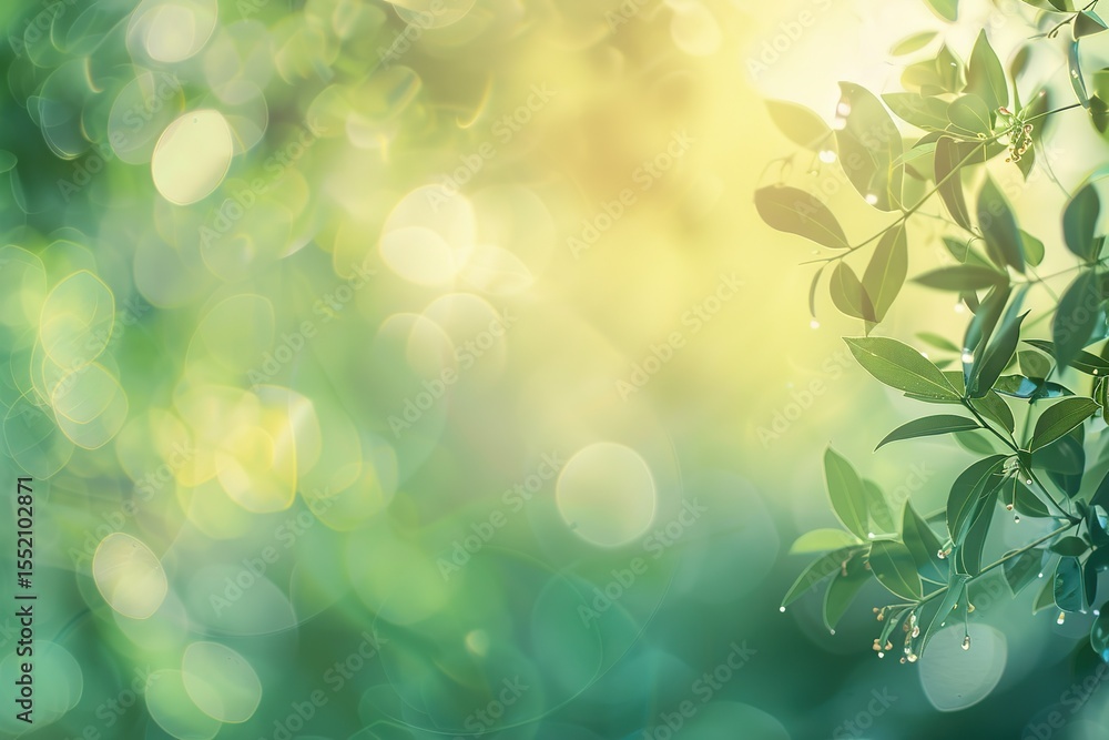 Abstract nature scene: Green leaves and bokeh in sunlight with water droplets Abstract nature scene: Green leaves and bokeh in sunlight with water droplets