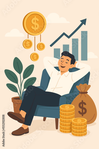 Passive income investor relaxing armchair. Money bag, dollar coins, financial growth, profit, investment returns, bar chart, upward arrow, wealth management, financial freedom concept vector