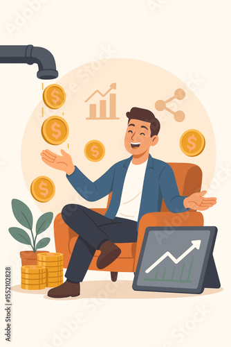 Passive income investor concept. Money flowing from pipe, financial freedom, stock investment, dividends, wealth growth, relaxed businessman, profit, savings, revenue, economic success vector