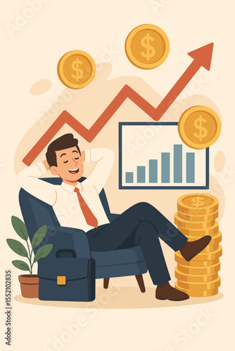 Successful investor enjoying passive income growth from stocks and investments. Financial freedom, wealth management. Relaxed businessman with coins, profit graph, business success illustration.