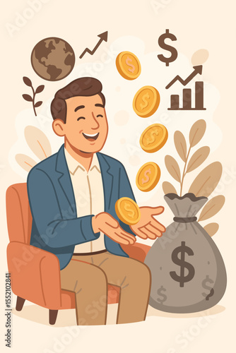 Happy investor earning passive income, financial growth and investment success, businessman with money bag, gold coins, stock market increase, global wealth concept, cartoon vector illustration