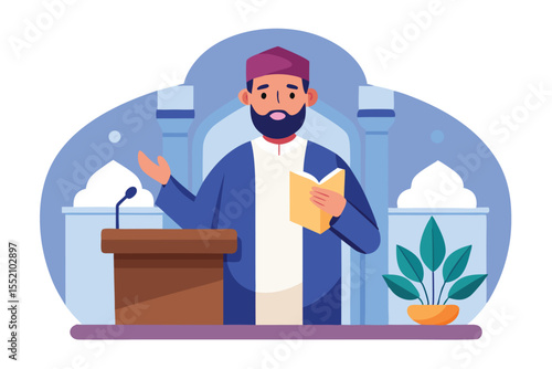 Illustration depicts a Muslim imam delivering a religious sermon in a mosque setting with elegant architectural elements and decorative plants present