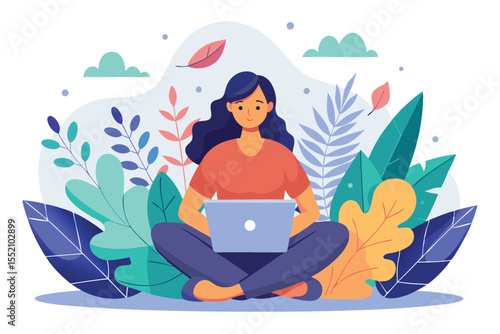 Woman working on a laptop in a vibrant outdoor setting surrounded by colorful leaves and greenery during a sunny day