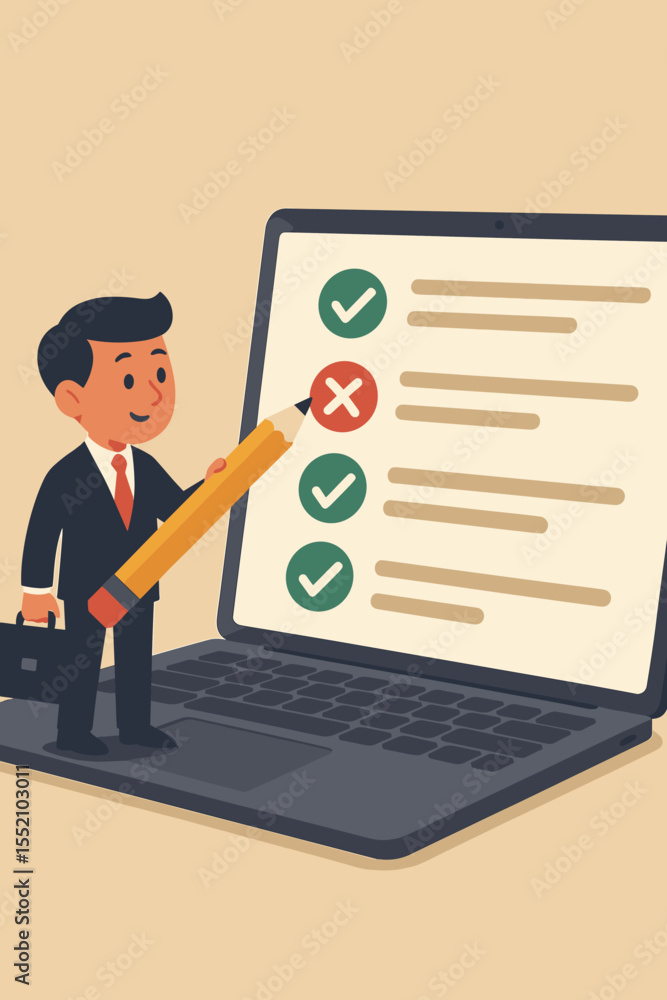 Businessman Cartoon Character Marking Checklist on Giant Laptop Screen with Pencil, Online Test Evaluation, Digital Survey, Task Management, Assessment, Decision Making, Vector Illustration Businessman Cartoon Character Marking Checklist on Giant Laptop Screen with Pencil, Online Test Evaluation, Digital Survey, Task Management, Assessment, Decision Making, Vector Illustration