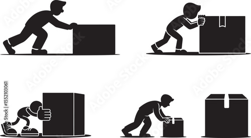 Cartoon Character Pushing Box Vector Silhouettes