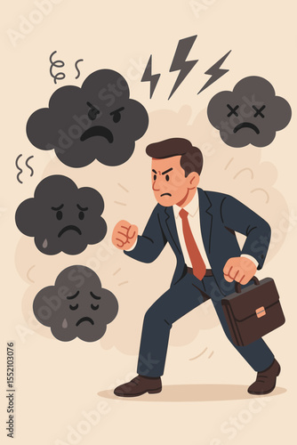 Overcoming emotional challenges. Businessman fights negative thoughts, stress, and anger. Metaphor for mental health, anxiety, depression, and professional burnout. Emotional regulation.