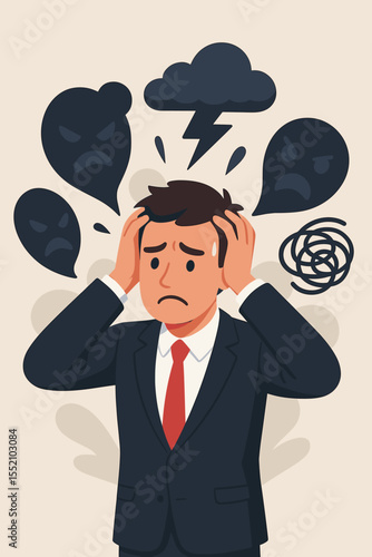 Stressed businessman in suit overwhelmed by negative emotions, depression, anxiety, mental health crisis, burnout, psychological pressure, storm cloud, stress management concept vector illustration