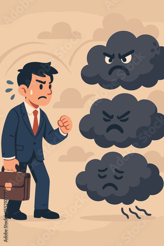 Businessman Facing Stress and Negative Emotions Concept. Overcoming Anxiety, Pressure, Mental Health Challenges. Cartoon Office Worker Confronting Angry, Sad Emotional Storm Clouds Vector Illustration