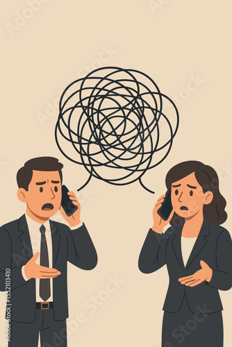 Poor communication concept with confused business people on a phone call. Tangled chaotic lines in a speech bubble representing misunderstanding, conflict, and a communication barrier. Vector.