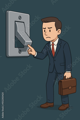 Businessman Turning Off Light Switch Concept, Office Closure, Energy Saving, Bankruptcy, End of Work, Shutdown, Decision Making, Corporate Downsizing, Business Termination, Vector Illustration