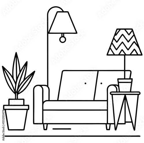 Minimalist living room scene featuring a sofa floor lamp table lamp plant and side table in a clean line art style