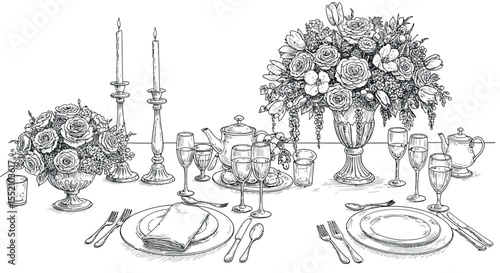 Elegant floral dining table setting with candles and silverware for special occasions vector illustration