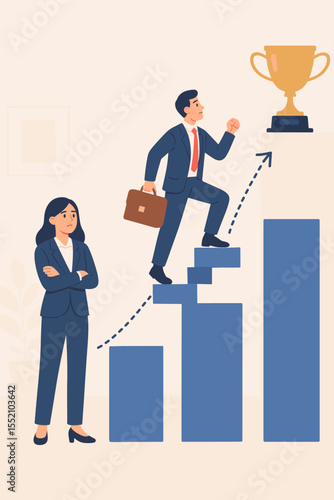 Gender inequality concept in business. Man climbing career ladder graph to a trophy, leaving woman behind. Metaphor for sexism, discrimination, unfair opportunity, and advancement.