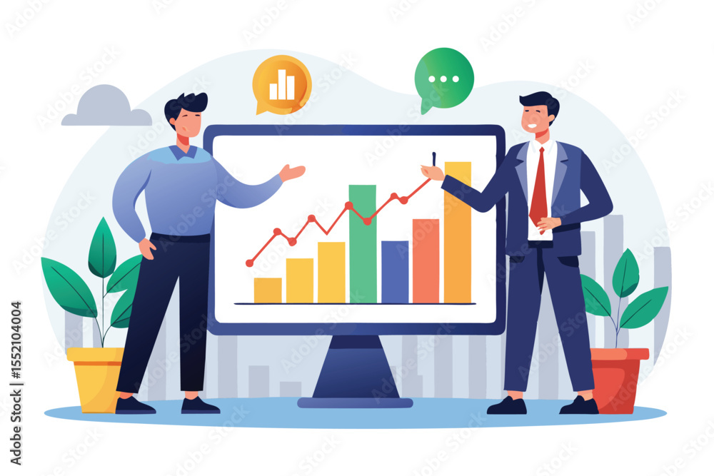 Businessmen discussing financial growth trends through a stock graph in a modern office setting with city views in the background Businessmen discussing financial growth trends through a stock graph in a modern office setting with city views in the background