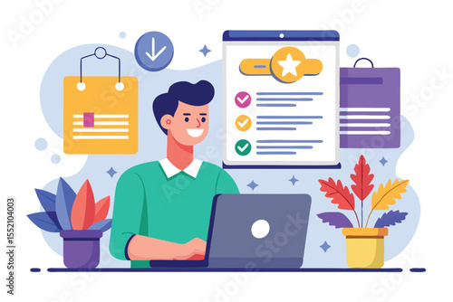 Performance employee review concept illustrating an office environment where a person evaluates job performance while using a laptop on a bright and cheerful workspace