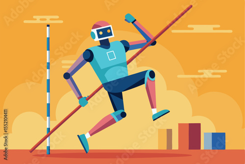 Robot demonstrates impressive skills by pole vaulting against a vibrant sunset sky while showcasing advanced athletic capabilities in a modern setting