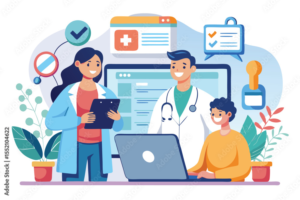 Doctor consultation platform with medical professionals assisting patients through online resources and virtual consultations in a modern healthcare setting Doctor consultation platform with medical professionals assisting patients through online resources and virtual consultations in a modern healthcare setting