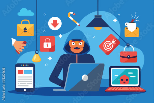Phishing scam hacker attack concept showing a digital environment with hackers targeting users through deceptive techniques
