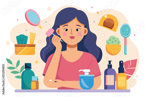 Skincare collection for girl removing makeup and enjoying a self-care routine in a cozy indoor setting