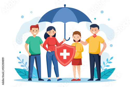 Family stands together under an umbrella representing medical protection while smiling and posing in a cheerful and supportive environment