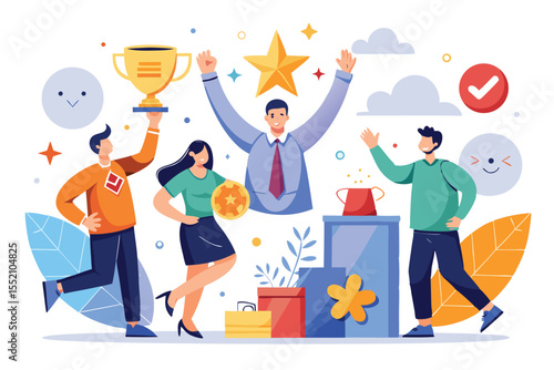 Staff members celebrating job dedication and employee satisfaction during an appreciation event with awards and recognition in a colorful setting